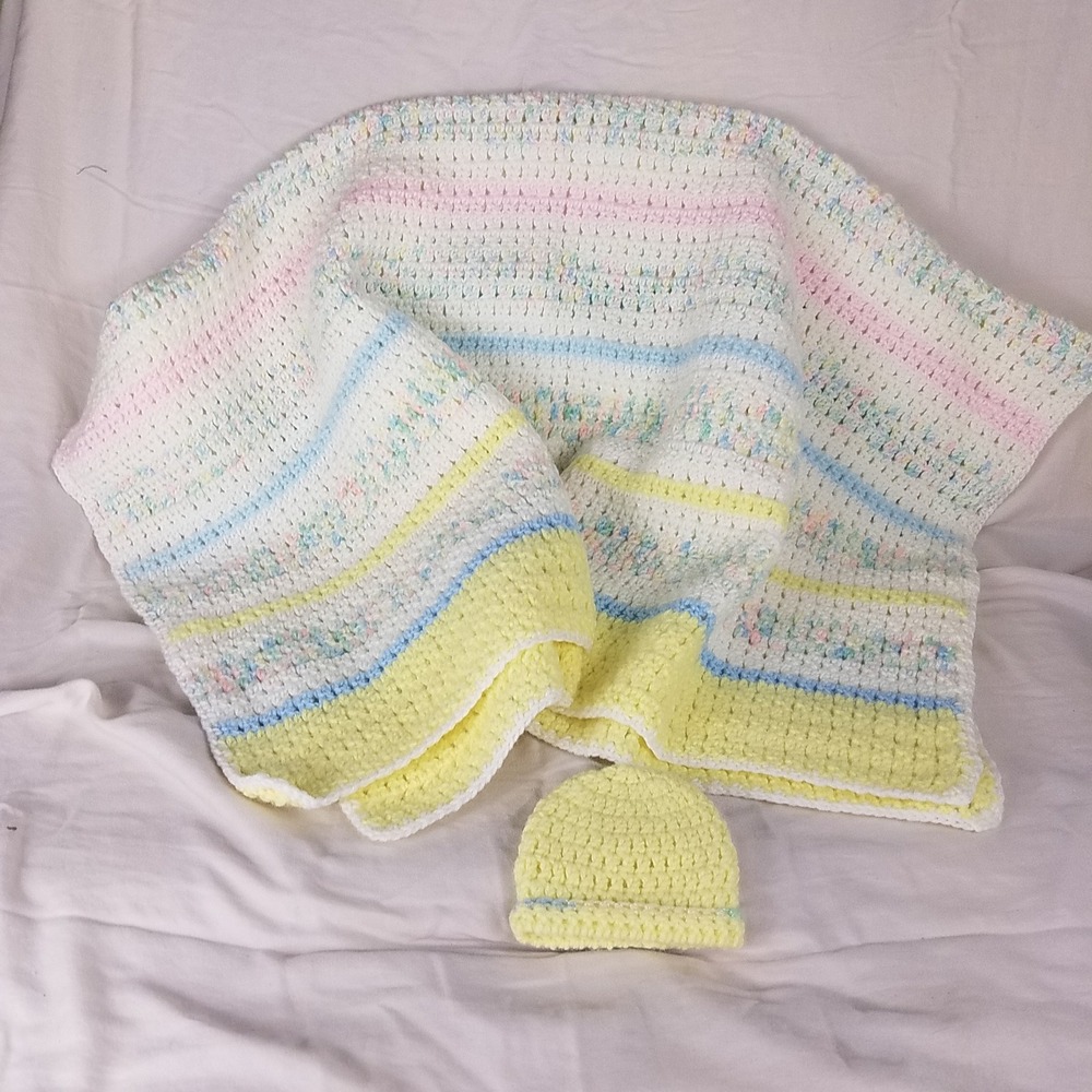Handmade Crochet Baby Blanket Hat Set 40x44 Newborn White Yellow New Pastel